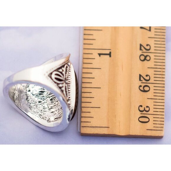 Vintage Victorian Black Onyx Silver Flower Carved Ring - S13 - Picture 3 of 3